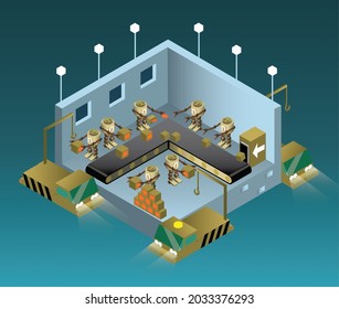 1980 Sci-fi Cyberpunk Style Isometric Llustration Of Assembly Line With Vintage Robots Placing Labels On Boxes From The Conveyor Receptacle Input And Loading Them On Futuristic Floating Cargo Truck.