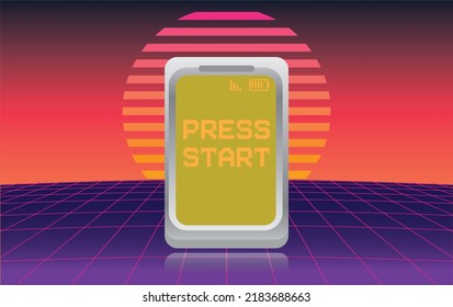 1980-1990's Mobile Retro Videogame Console Screen Arcade. Colorful Pixel Arcade Design Concept In Retro Style. Text Press Start. 