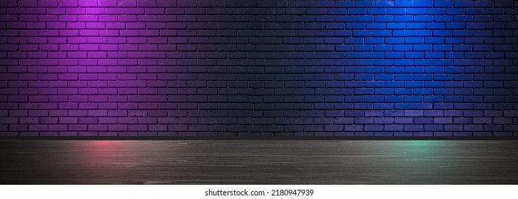 1980's Style Retrowave Brickwall Background With Blue And Purple Light, Photo Studio, Night Club, Bar Mockup, Product Display, Cyberpunk Stage Template, 3d Illustration