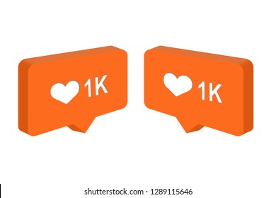 1K Like Counter Notification Icon Follower. New Icon Like 1K Symbol, Button. Social Media Like  App, Iphone. Vector Illustration. 