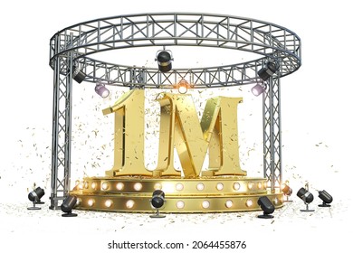 1M One Million Followers Celebration. Number 1M On The Stage With Spotlight And Confetti. 3d Illustration 