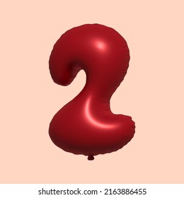 2 3d Number Balloon Made Of Realistic Metallic Air Balloon 3d Rendering. 3D Red Helium Balloons For Sale Decoration Party Birthday, Celebrate Anniversary, Wedding Holiday