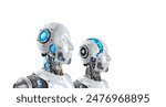 2 Ai Robot Heads 3d rendering with Light Blue Digital Artificial intelligence Brain Technology Isolated on White background in perspective side view with clipping path, 3D illustrations