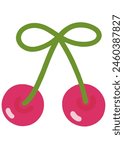 2 cherries, pink, bow-shaped cherry stem, green