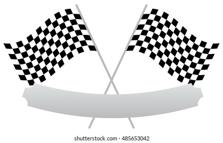 2 crossed racing flags with empty banner, plaque shape for texts
