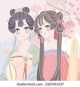 2 girls wearing traditional Japanese dress kimono