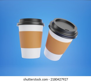 2 hot coffee mugs floating on black lids blue background 3d rendering.