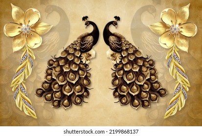 2 Peacock Gold Flowers Crystal Wallpaper Stock Illustration 2199868137