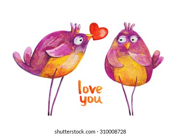 2 Purple Birds. Love You. Watercolor And Gouache Illustration. Hand Drawing