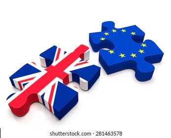 2 Puzzle Pieces: One Containing The British Flag And The Other The European Union / EU Flag. Is UK Leaving Europe With The BREXIT?