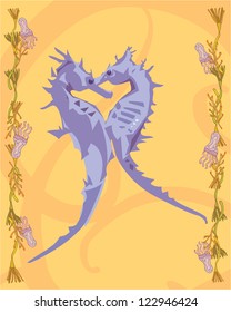 2 Seahorses In A Decorative Illustration