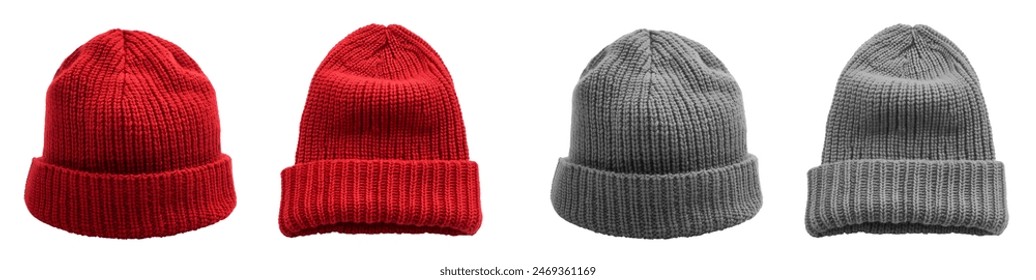2 Set of red maroon grey gray classic knit knitted woven cuffed wool ribbed beanie hat, front and flat lay view on cutout file. Mockup template for artwork design