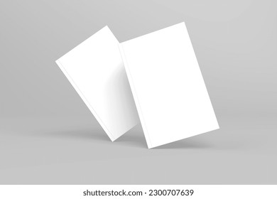 2 softcover book mockups are standing on a gray background, designed with 3D render visual effects that are indistinguishable from reality. A mockup, with flashy white covers resembling a real book.