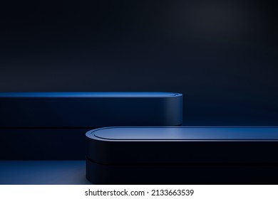 Podium bleu foncé en 2 étapes sur studio bleu, concept minimal, présentation pour produit. Rendu 3D : illustration de stock