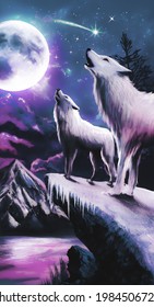 2 Wolf Howling To The Moon Night Ilustration Nature Snow And Beautiful Sky