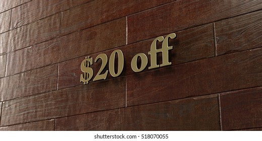 $20 off - Bronze plaque mounted on maple wood wall  - 3D rendered royalty free stock picture. This image can be used for an online website banner ad or a print postcard.