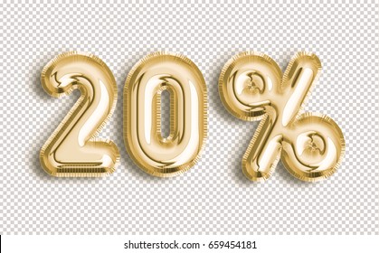 20% off discount promotion sale made of realistic 3d Gold helium balloons with Clipping Path. Illustration of balloon percent discount collection for your unique selling poster, banner, discount, ads.