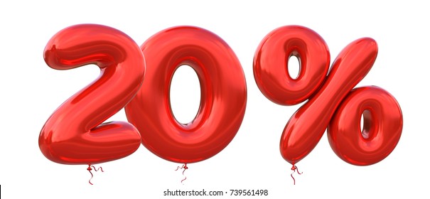 20% off discount promotion sale made of realistic 3d Red helium balloons. Illustration of balloon percent discount collection for your unique selling poster, banner ads ; Christmas, Xmas sale and more
