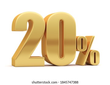 20% off on sale. Gold percent isolated on white background. 3d rendering. Illustration for advertising.
