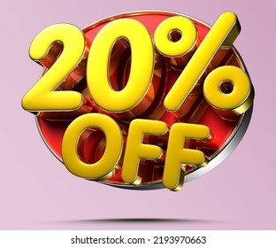 20% Off Red Circle With Golden Numbers 3D Illustration On Light Pink Have Work Path.