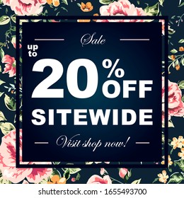 up to 20% off Sale advertising for store and shop sitewide. with text to visit website. with flower pattern in the background. white letters on dark background. for flower shop, beauty salon. raster - Powered by Shutterstock