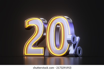 20 Percent Discount Offer Icon With Metal Neon Glowing Light On Dark Background 3d Illustration