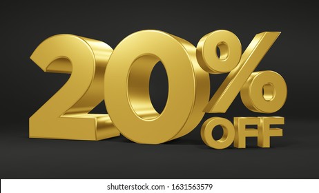 20 Percent off in gold color 3D font on black background for sales and advertising 3D Render, high quality