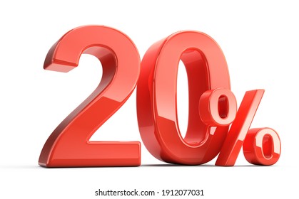 20 perecent. Glossy red twenty percent sign isolated on white. Percentage, sale, discount concept. 3d rendering