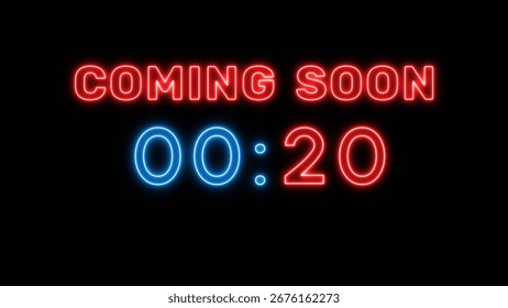 20 seconds countdown timer. Neon timer number 20 illustration.