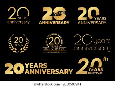 20 Years Anniversary Icon Or Logo Set. 20th Birthday Celebration Golden Badge Or Label For Invitation Card, Jubilee Design. 