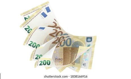 200 Euro 2019, array banknotes, top view - 3d render Isolated on white background