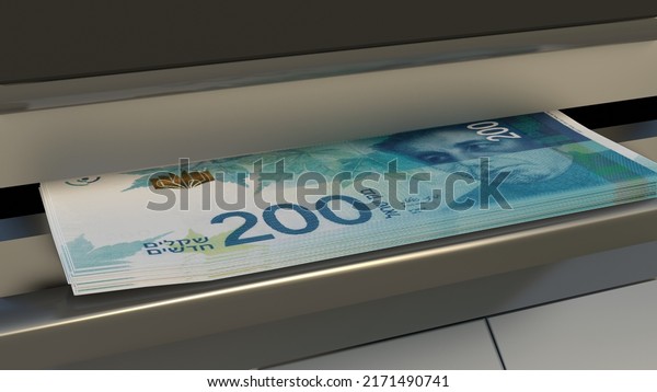 200 Israeli shekels in cash dispenser. Withdrawal\
of cash from an ATM. Financial transaction in the bank terminal.\
ILS. 3d render.