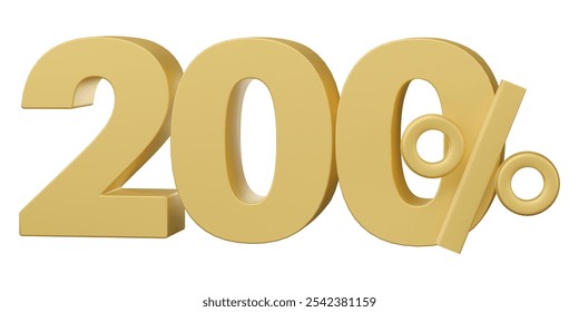 200% off on sale. Gold percent isolated on white background. Discount on sale for advertising. 3d rendering.