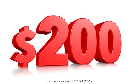 200$ Two hundred price symbol. red text number 3d render with dollar sign on white background