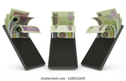 20000 Mongolian togrog notes inside a mobile phone. money coming out of mobile phone. 3d rendering of set of mobile money transaction concept. money from Phone