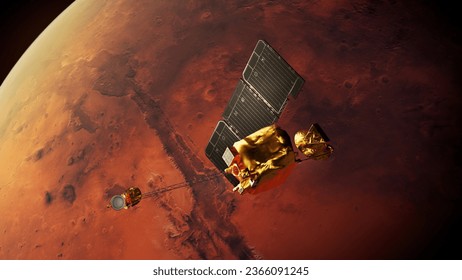 2001 Mars Odyssey Spacecraft orbiting the planet Mars. 3d rendering science illustration. Elements of this image furnished by NASA.