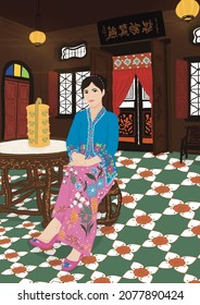 20.11.21, KK, Malaysia- A Pretty Woman Of Nyonya Melaka Wearing Kebaya And Batik Sitting In A Peranakan House.