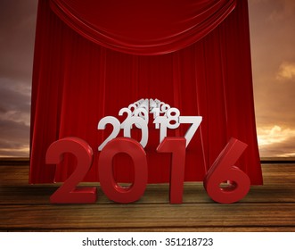 2016 Graphic Against Red Curtain Pulling Back