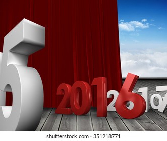 2016 Graphic Against Red Curtain Pulling Back