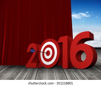 2016 Graphic Against Red Curtain Pulling Back