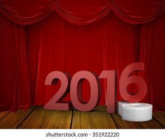 2016 Graphic Against Red Curtain Pulling Back