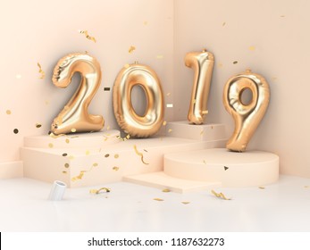 2019 balloon text/number gold 3d rendering geometric corner wall scene