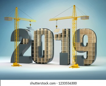 2019 and cranes, 3D illustration