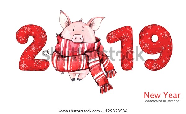 19年の新年のバナー 数の多い冬のスカーフにかわいい豚 あいさつ文の水の色のイラスト 冬休みのシンボル 十二宮図 カレンダーとお祝いのカードに最適 のイラスト素材