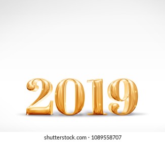2019 happy new year golden number (3d rendering) on white studio room,Holiday card,Leave space for adding text.