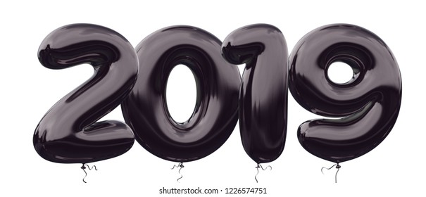 2019 New Year Balloons number. Realistic helium black balloon 3d render Illustration. For your Brilliant 2019 celebration artwork ; poster, banner, sale  promotion and more