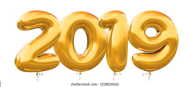 2019 New Year Balloons number. Realistic helium Gold balloon 3d render Illustration. For your Brilliant 2019 celebration artwork ; poster, banner, sale  promotion and more
