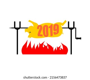 2019 New Year Symbol Pig on spit. Pork on fire. Pigs year in Chinese calendar