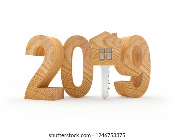 2019 New Year wooden number and key-house icon on white. 3D illustration