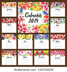 2019 Watercolor FloraL Annual Calendar